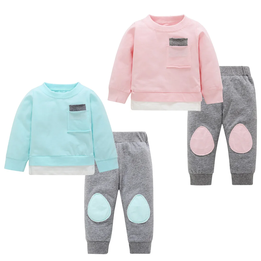 Newborn baby girl clothes Long sleeve Blue and Pink T shirt +pants 2Pcs