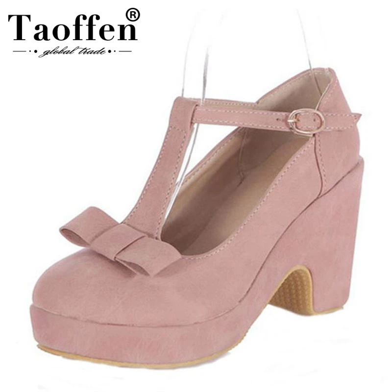 

TAOFFEN vintage women platform high heel shoes women bowtie t strap thick heels pump sexy patry club women footwears size 34-39