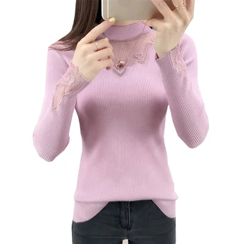 2020 New Autumn Winter Women Pullover Sweaters Casual Elastic Lace Embroidered Jumper Fashion Turtleneck Warm Female Sweaters tasseled tie embroidered yoke eyelet jumper