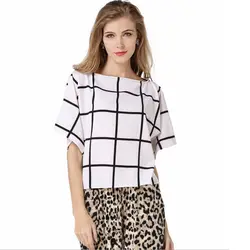 Для женщин шифоновые рубашки с рукавами «летучая мышь» клетчатая модная Дизайн блузка Американский и Европейский Vogue дамы летняя рубашка