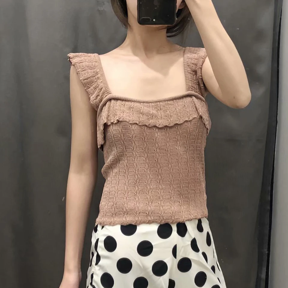 Женские модные однотонные трикотажные топы на бретелях Camis летние оборки без рукавов эластичный Бюст Женские сексуальные тонкие топы Женская одежда