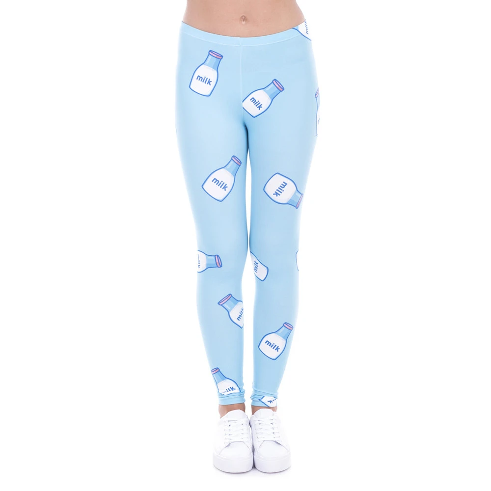 Женские леггинсы с высокой талией голубые молочным принтом|printed leggins|leggins for