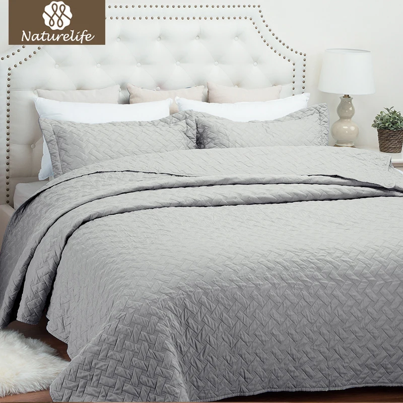

Naturelife Solid color Quilt Set Bedspread Bed Cover Quilted Bedding Set Duvet Cover Pillowcase Quilts Warm Coverlet Set