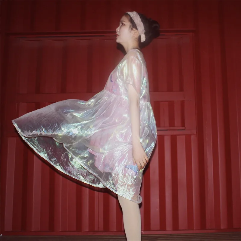 Серебряное голографическое женское платье одежда лазерная голограмма фольга ткань пляжное платье прозрачные сетчатые платья