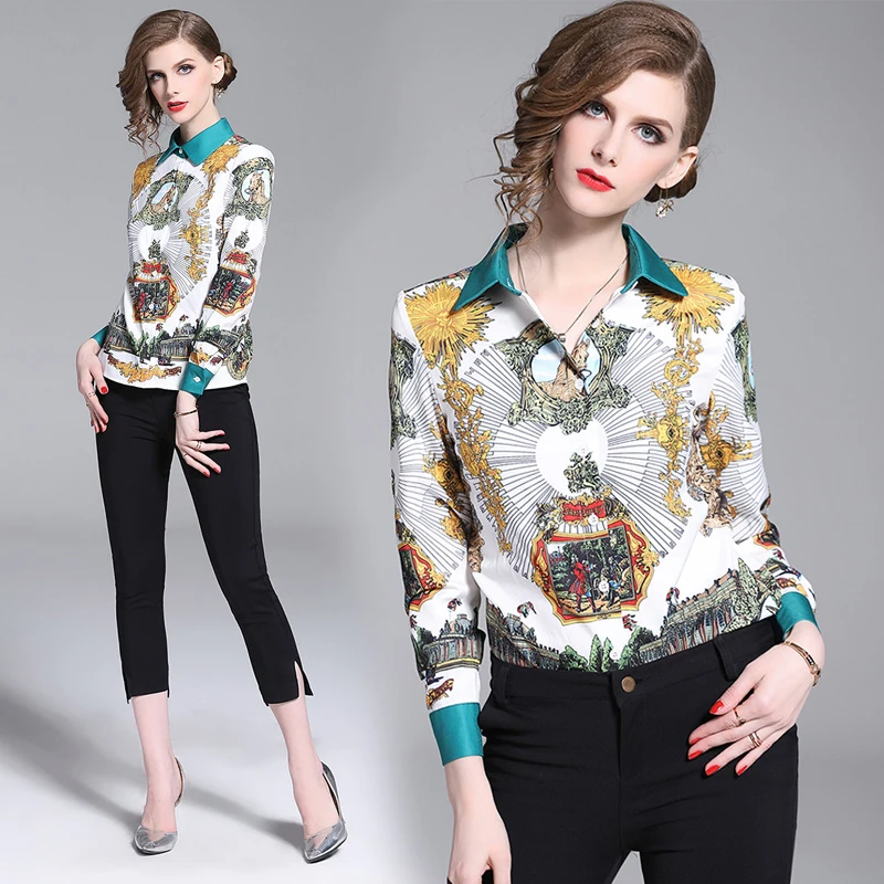 

2019 new women's print blouse Turn-down Collar shirt long sleeve Streetwear blouse