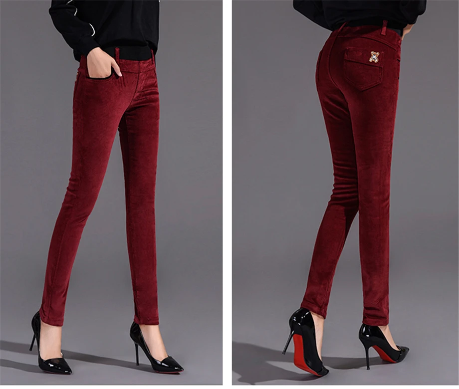 Эластичные вельветовые брюки-карандаш с высокой талией для женщин, Элегантные зимние теплые плотные обтягивающие брюки, облегающие Женские леггинсы для фитнеса