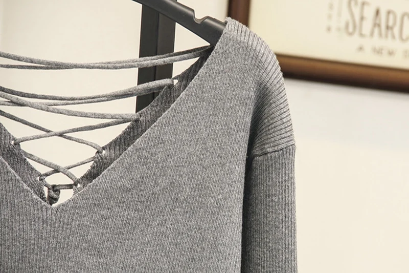 Backless Sweater Women Pullovers Plus Size High Street Solid Long Sleeve Slim Knitted Sweater Gray Black SWM1229 Backless Sweater Women Pullovers Plus Size High Street Solid Long Sleeve Slim Knitted Sweater Gray Black SWM1229