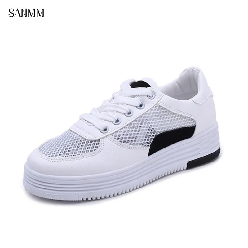 

SANMM Women Flat Platform Small White Shoes Breathable Mesh Walking Shoes Woman Non-Slip Lace-Up Sneakers AZ89