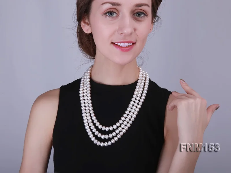 

Natural Pearl Jewellery 8-9mm White Color 3Rows Freshwater Pearl Necklace Turquoises Clasp Perfect Women Gift