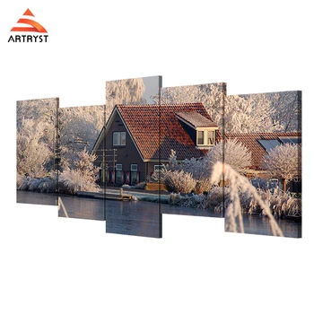 

Artryst Christmas Winter Lake House 5 piece Canvas Art Nature HD Picture Printing Framed Painting for Bedroom Wall Art LC015