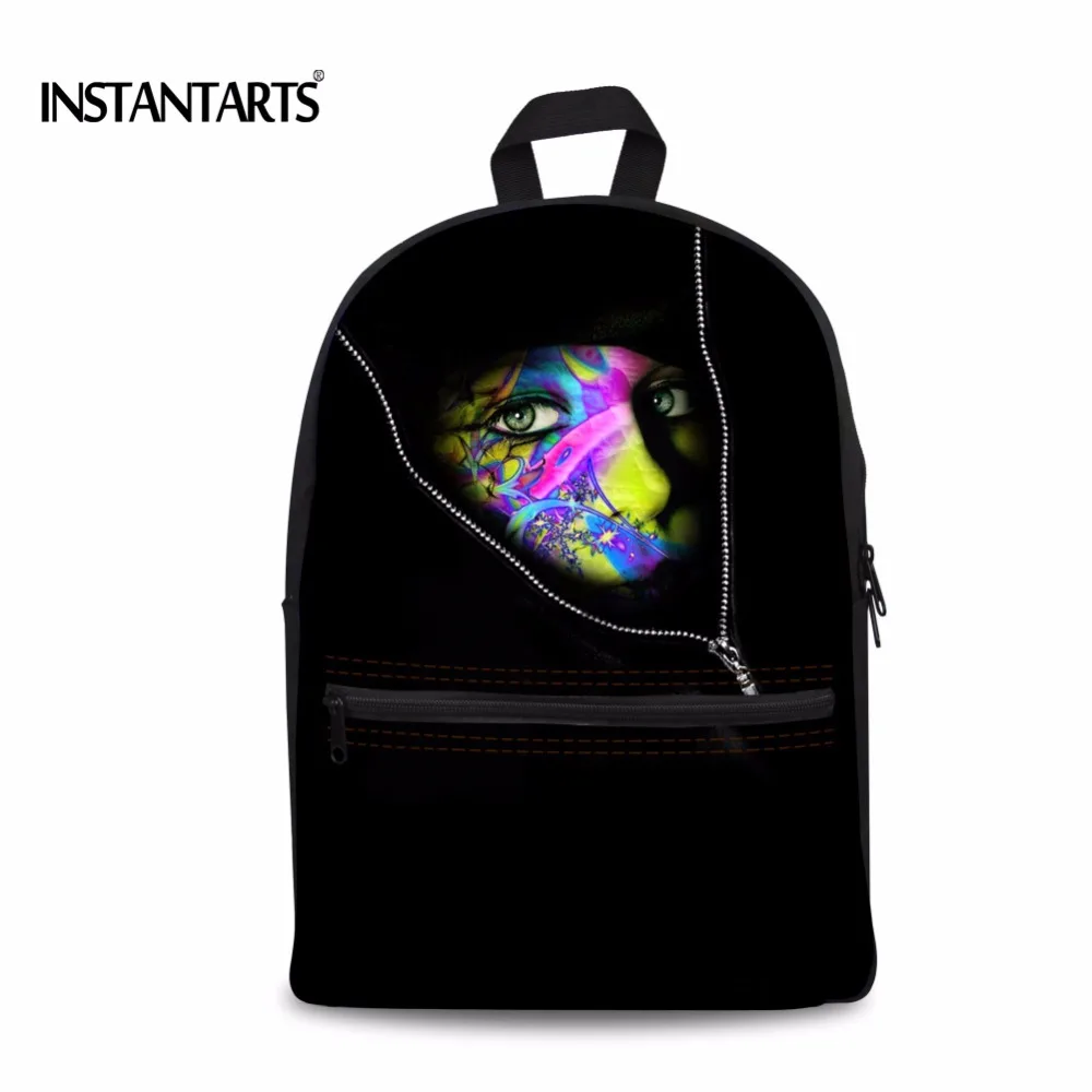 INSTANTARTS Black Art Oil Painting Canvas Backpacks For Teenagers Girls Boys Colorful Face School Bags Casual