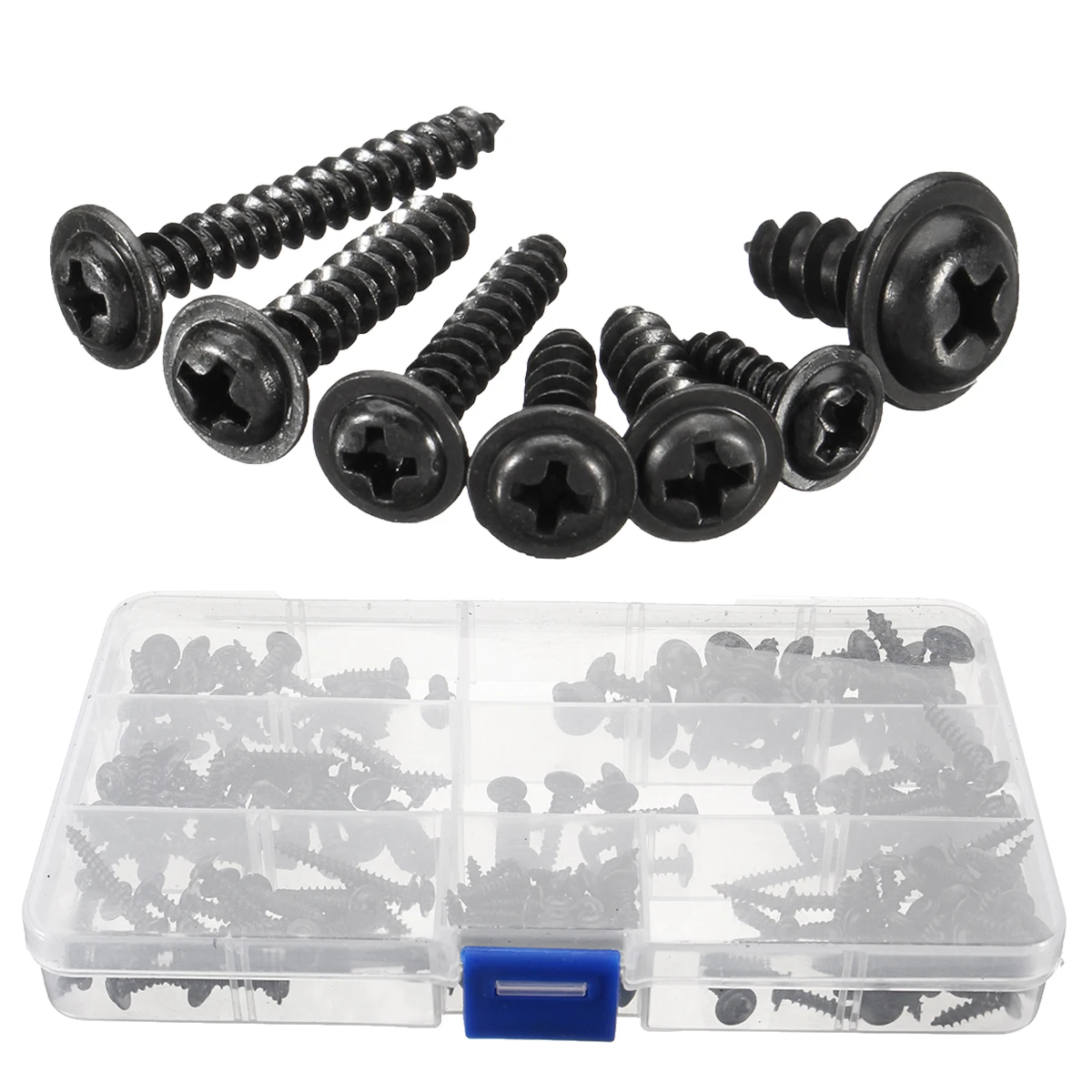 210Pcs Carbon Steel Phillips Wafer Head Flange Self Tapping Screw Black