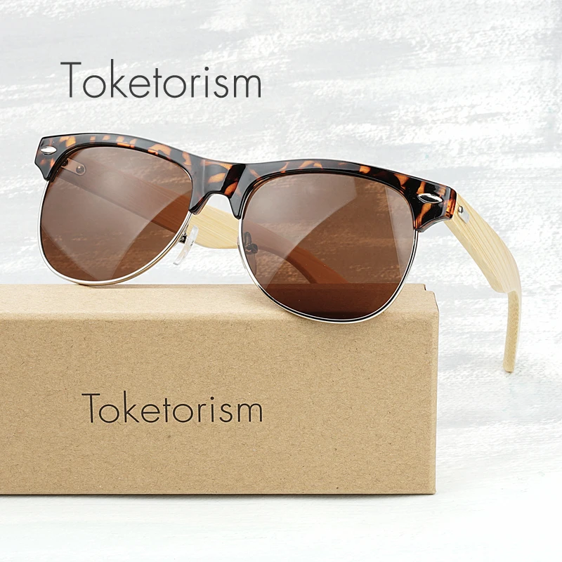 

Toketorism classic half frame bamboo sunglasses retro wood glasses for men women UV400 mirror eyewear 9201