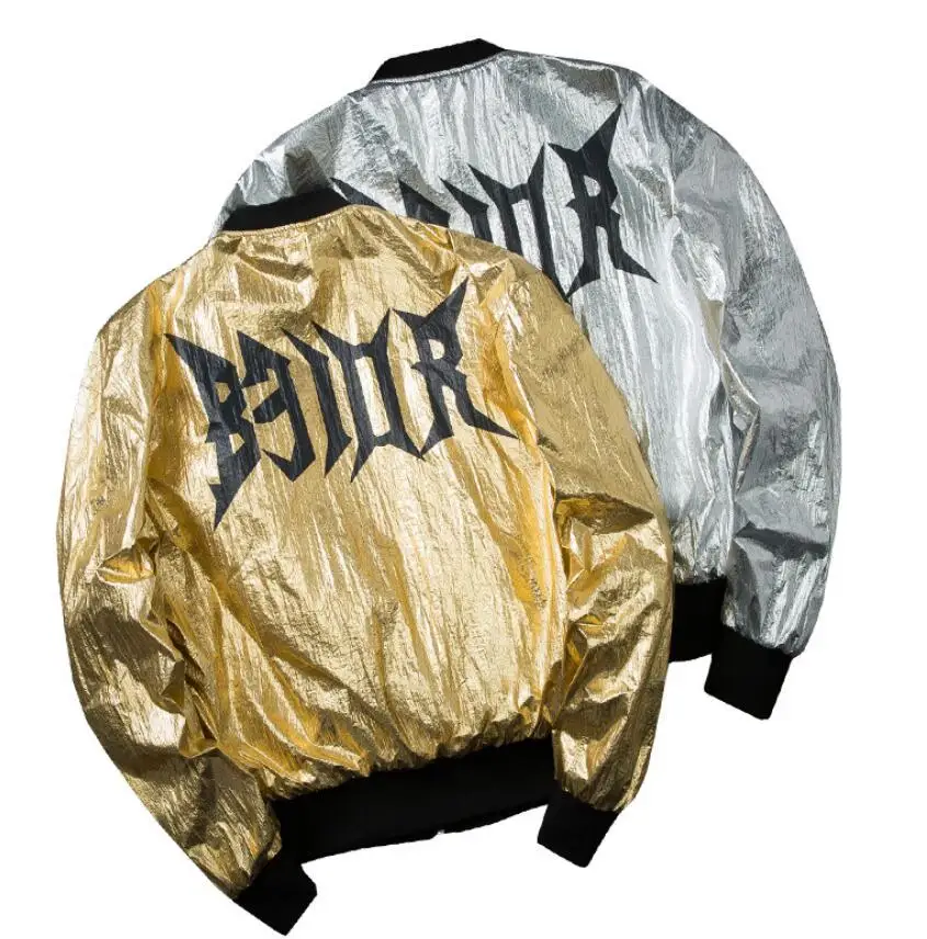 

Reversible Two wear men hiphop aviator jacket gold silver Harajuku tide baseball uniform clothes Outerwear M-3XL
