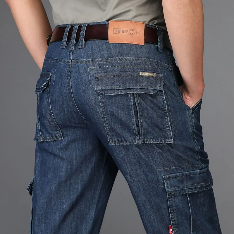 Summer JEEP Brand Cotton Cargo Jeans Elastic Men's Casual Full Length Retro Jeans Multi Pockets Cotton Pants Fashion Trousers 44 (32)