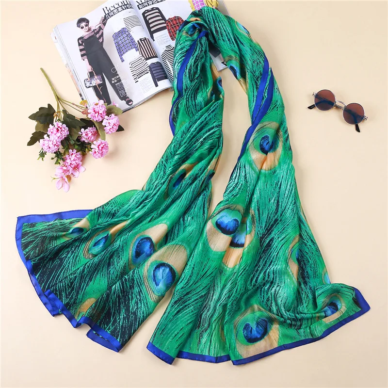 

2019 New Women Luxury Brand Silk Scarf Peacock Feather Print Scarves Long Shawl Large Pashmina Wraps Female Foulard