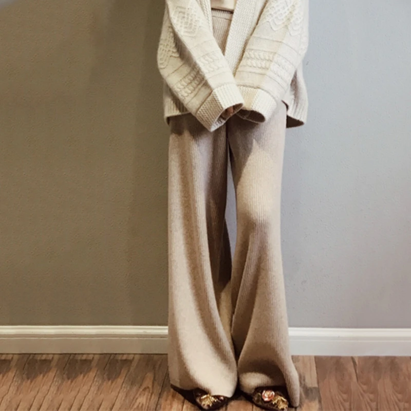 

Women Pants New Spring Soft Waxy Comfortable High-Waist Cashmere Knitted Pants Female Pure Color Wide Leg Pants Casual