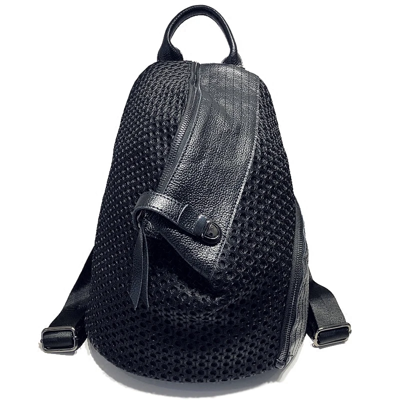 

Leather shoulder bag female 2018 new personality hollow nylon knapsack cowhide anti-theft lady travel leisure bag