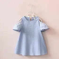 2018 Новое корейское платье в полоску для маленьких девочек Полосатое платье на плечо для девочек детское платье