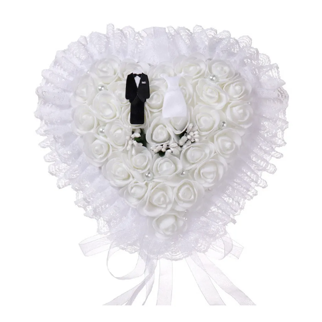 Wedding Ring Pillow Lace Pearls Decorative Flower Ring Bearer Pillow Cushion Wedding Engagement Ceremony White Gift Box#2F