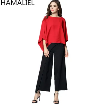 

Vestidos Summer Women 2 Piece Pant Suit 2018 Casual Red Chiffon Loose Blouse Crop + High Waist OL Black Wide Leg Trousers Suits