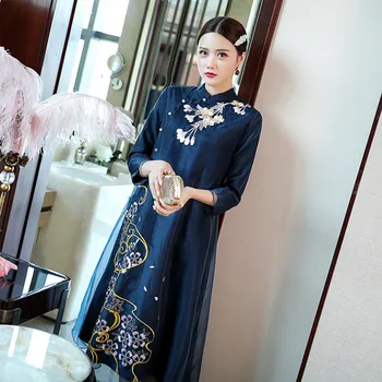 

Summer Dress Chinese Style Women Spring Fashion Flower Embroidery Organza Stand Collar 3/4 Sleeve Elegant A Line Dress S-XL