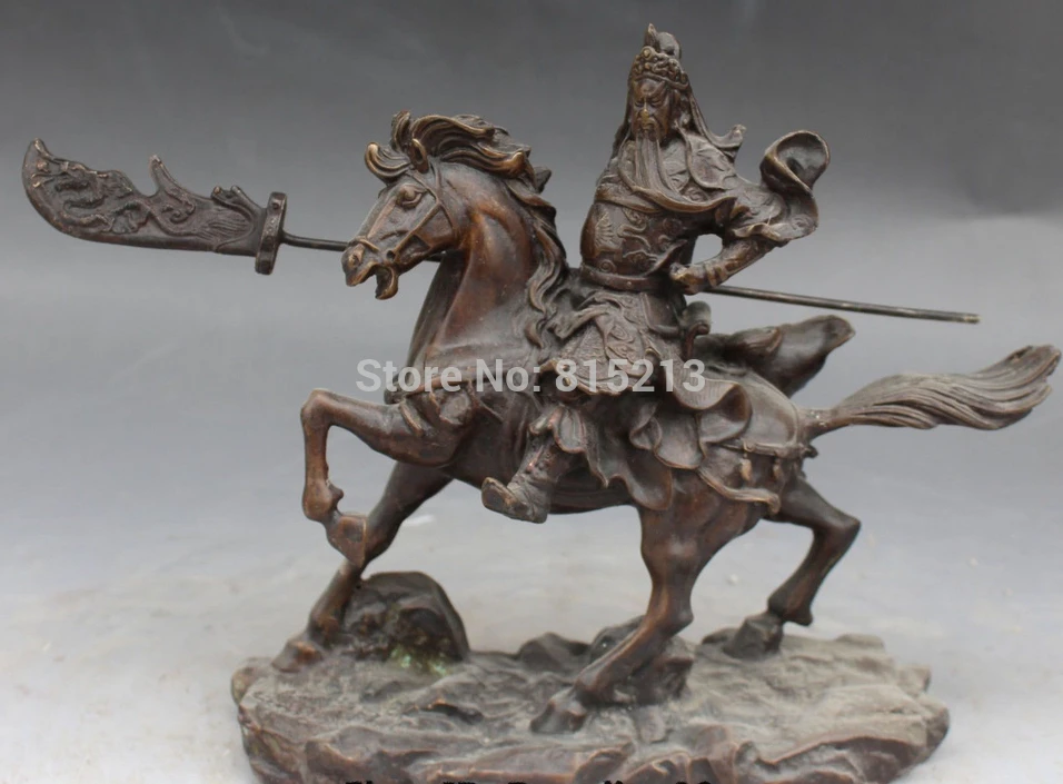 

bi001260 12" Chinese Bronze Dragon Guan Guan Yu Warrior God Ride Zodiac Year Horse Statue