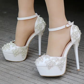 

14cm Women Diamond Wedding Shoes Woman White Bridal Shoes Female High Heels Shoe Platform Pumps Crystal Shoes Big Size 40 41