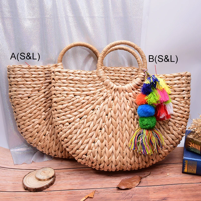 Bolso grande de hombro con borla y Pompón para mujer, bolsos de mano tejidos con tallo de maíz mujer, bolsos de paja para la playa decorados con bola de tela|Cubos| -