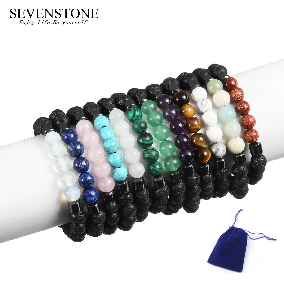 

SEVENSTONE Natural Stone 8MM Semi Precious Stone Reiki Healing Women Men Bangles Chakra Lucky Lava Rock Bracelets for Woman Bag