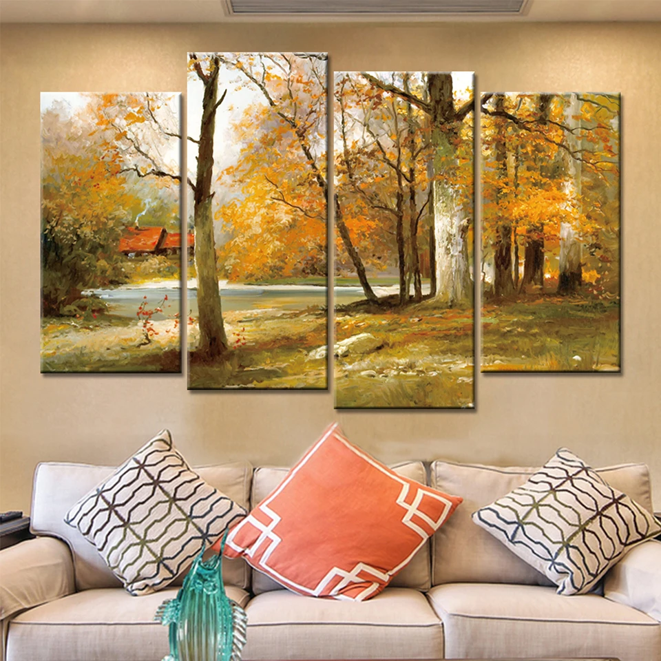 Frame HD Printed Modern Canvas Home Decor 4 Panel Autumn Forest Scenery