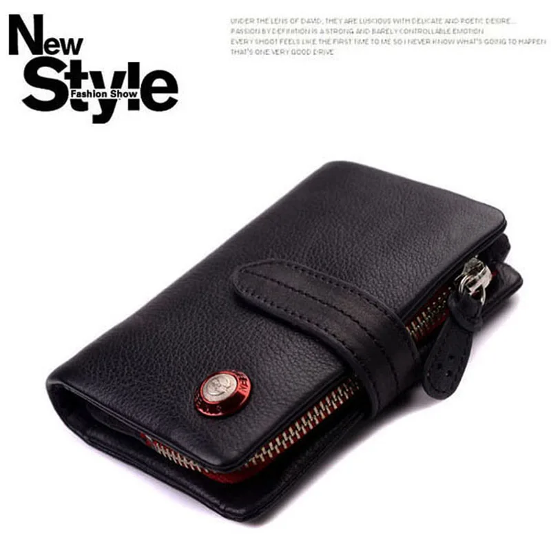 

High Quality Genuine Leather Wallet with Rivet First Grade Soft Cowhide Leather Purse with Coin Pocket Metal Studs Metal Zipper