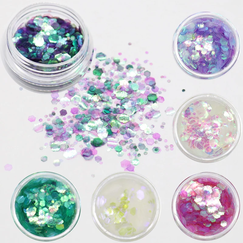 6Boxes Hexagon Chunky Glitter Mermaid Sequins Paillette Shiny Nail Flakes Glitter Set Manicure 3D Nail Art
