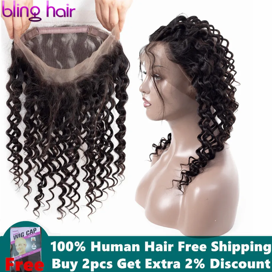 

Bling Hair Brazilian Deep Wave Closure 360 Lace Frontal with Baby Hair Free Part Pre-pluck Remy Human Hair Closure Natural Color