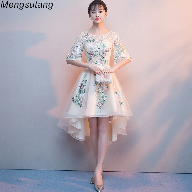 Robe de soiree кружевное вечернее платье цвета шампанского с аппликацией короткое