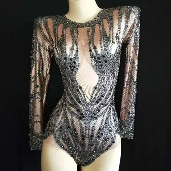 

Sparkly Black Crystals Bodysuit Birthday Celebrate outfit Stretch Sexy Dance Leotard Stage Performance Costume Women Jumpsuit DJ