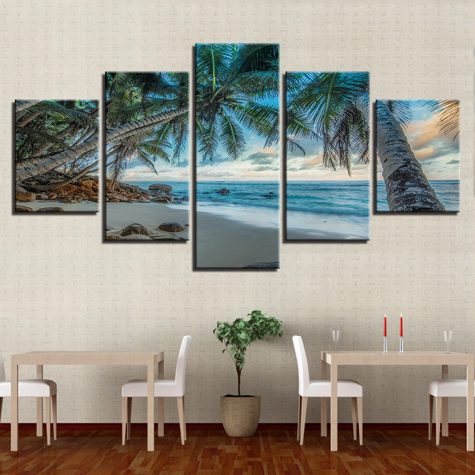 

Modular Canvas Pictures Modern HD Printing 5 Pieces Coconut Tree And Beach Seascape Paintings Poster Living Room Wall Decor Art