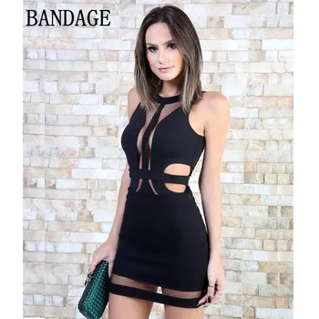 

Sexy Perspective Bandage Dress Top Quality Women Black Hollw Out Party Dress O Neck Bodycon Lady Vestidos Bandage 2019 New