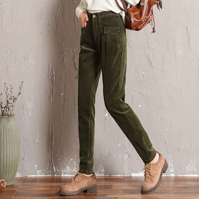 Corduroy pants for women high waist green gray red brown plus size
