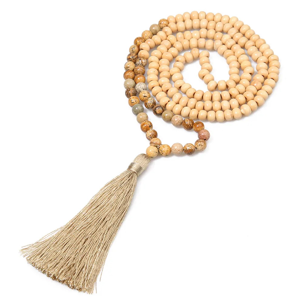 SHINUSBOHO длинное ожерелье s для женщин 6 мм деревянные бусины из природных камней прядь ожерелье Femme рейки целебная Йога кисточкой ювелирные изделия - Окраска металла: N-B0184-B