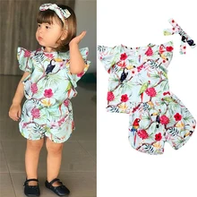 2-6T Одежда для маленьких девочек Летняя модная повседневная одежда футболка с короткими рукавами и цветочным принтом+ шорты+ повязка на голову комплект из 3 предметов