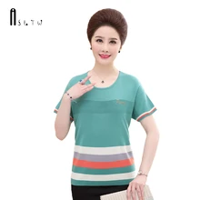 ASLTW полосатый Женский футболка лето г. Повседневное O средства ухода за кожей шеи Эластичность трикотажная для женщин; большие разме
