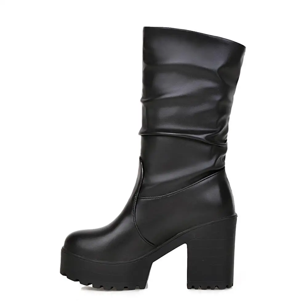 BONJOMARISA/Новые однотонные женские ботинки на платформе и высоком квадратном каблуке с круглым носком; повседневные зимние ботинки; женская обувь; большие размеры 34-46