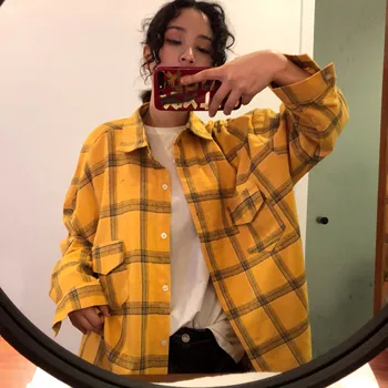 

Harajuku Plus Size Women Shirts , Women Long Sleeve Shirts Tops , Streetwear Long Full Plaid Blouse Women