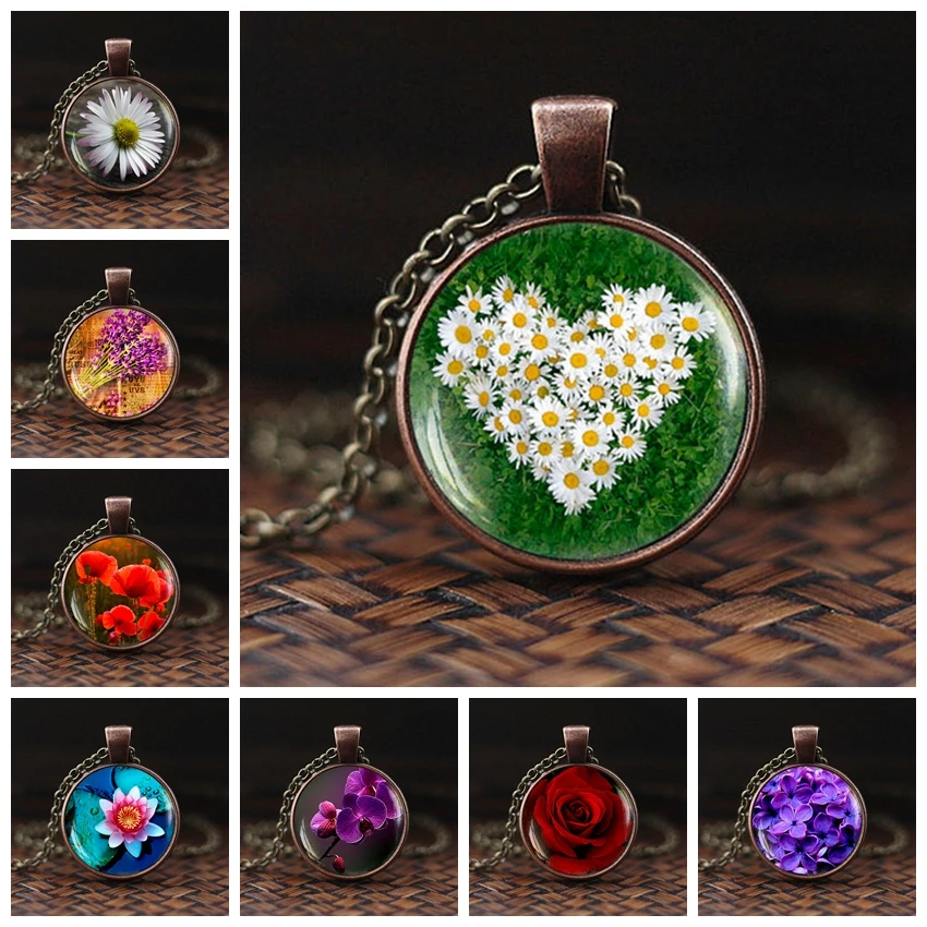 

2019 New Fashion Glass Cabochon Pendent Necklace Daisy Red Rose Pendant Necklace Jewelry for Women Valentine's Day Gifts