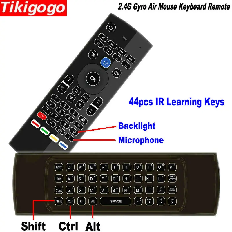 

Tikigogo TK3 backlight Microphone 2.4G Air Mouse Mini Keyboard 44 IR Learning for Android Smart TV Box PK MX3 t3 Remote control