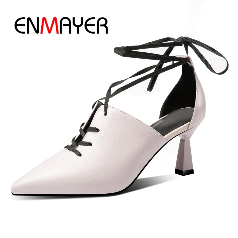 

ENMAYER Genuine Leather High Heels Zapatos De Mujer Pointed Toe Casual Lace-Up Women Shoes Size 34-39 ZYL2568