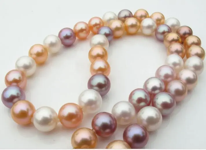 

Super 10-11mm Natural south sea genuine white gold multic round pearl necklace