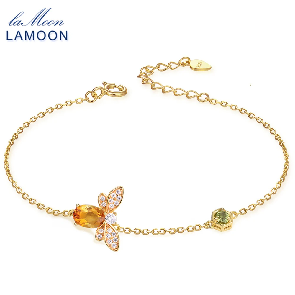 

LAMOON- Bee 5X7mm 100% Natural Oval Citrine 925 Sterling Silver Jewelry Chain Charm Bracelet S925 LMHI002