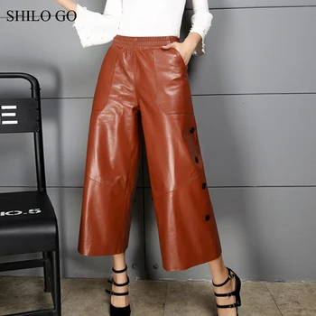 

SHILO GO Leather Pants Womens Autumn Fashion sheepskin genuine leather Pants vintage stretch high waist side button Flare pants